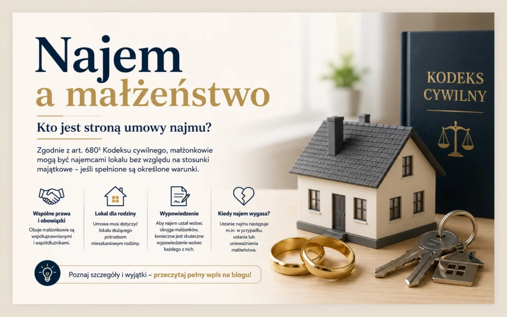 Infografika przedstawiająca zasady wspólności najmu małżonków oraz skutki dla Wynajmującego