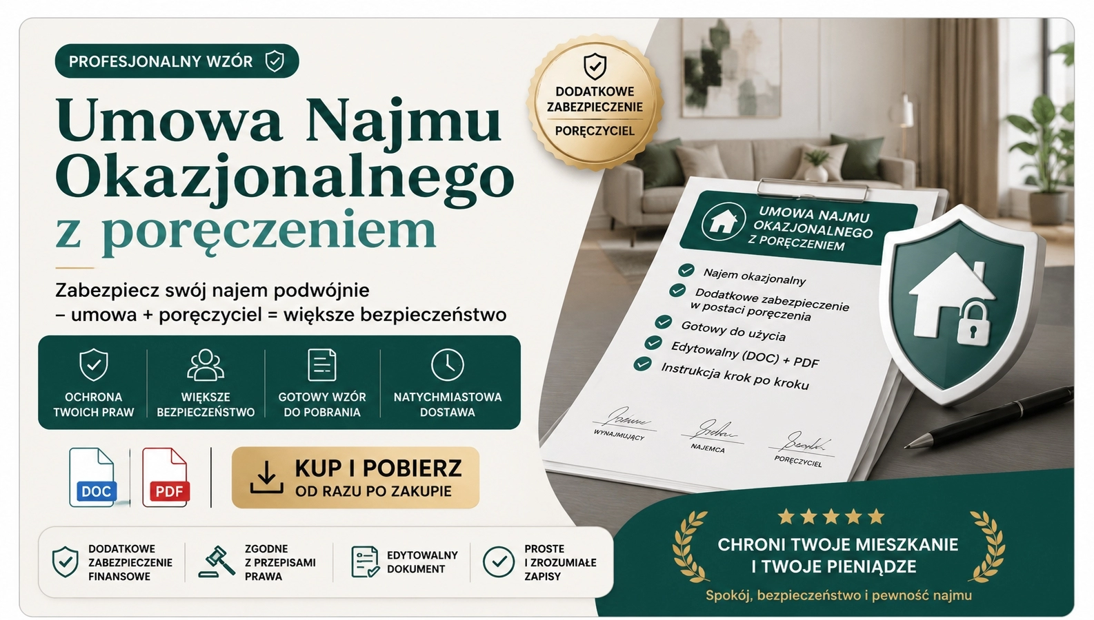 Umowa Najmu Okazjonalnego dla właściciela mieszkania z poręczeniem
